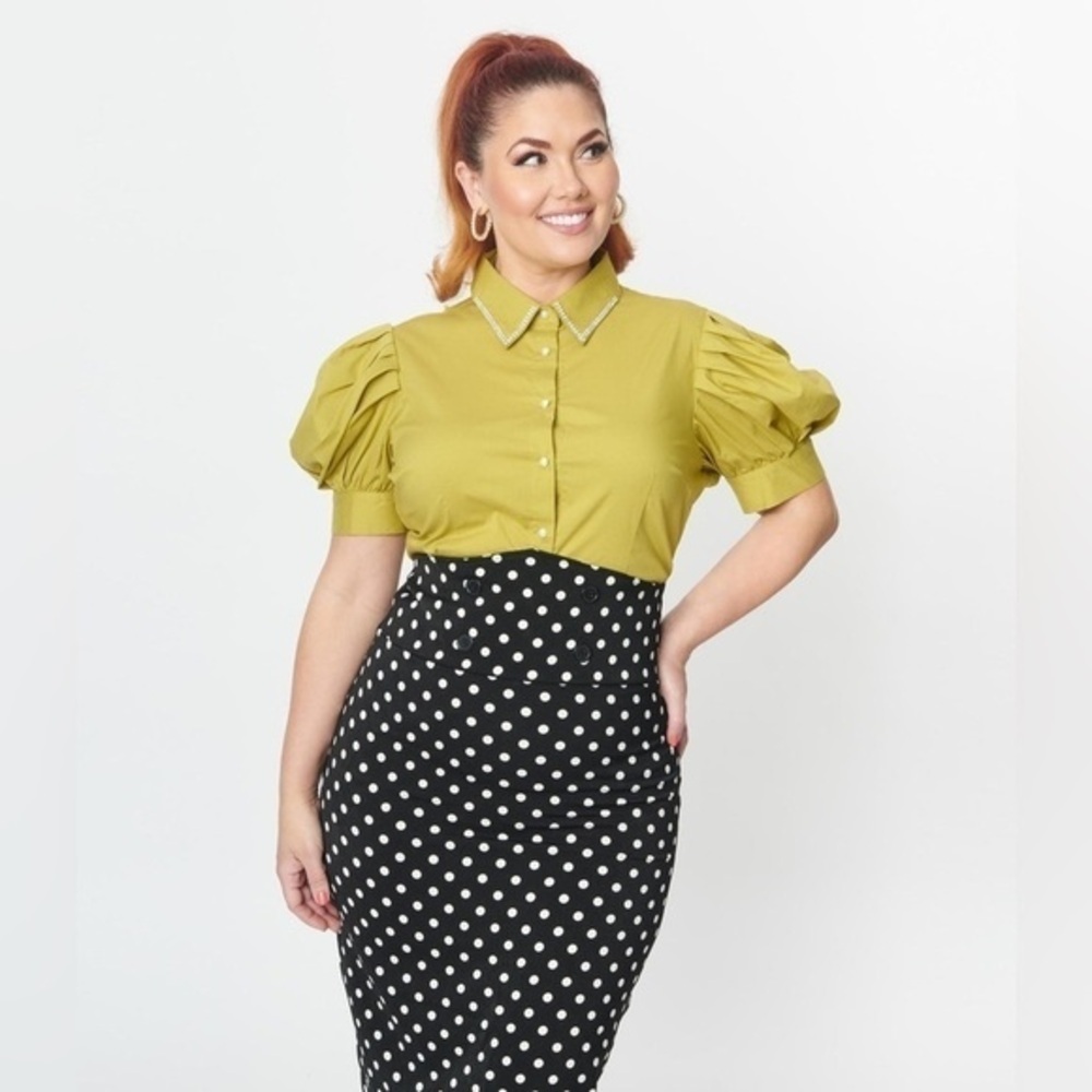 NWT 2X Avocado Green Rhinestone Collar Button Down Blouse Retro Unique Vintage